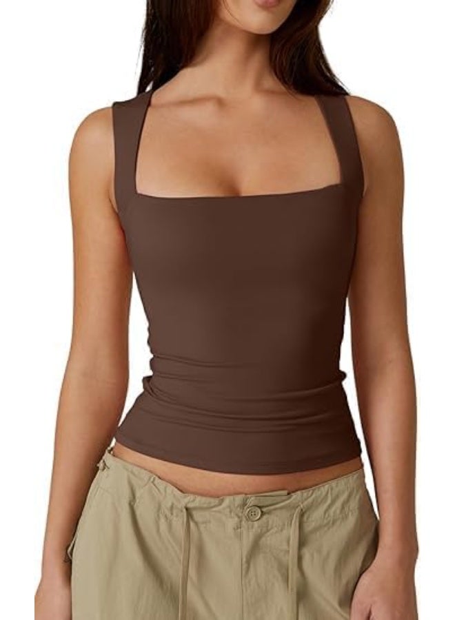 CLENEA Women's Square Neck Sleeveless DoubleLayer Vest Basic Tight T-Shirt Women's Camisole Fashionable TightFitting Inner Fitness Top - Image 1